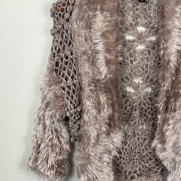 Fur Trim Crochet Sweater Fringe Sleeves Large Boho Indie Granola Earthy Y2K - Picture 4 of 16